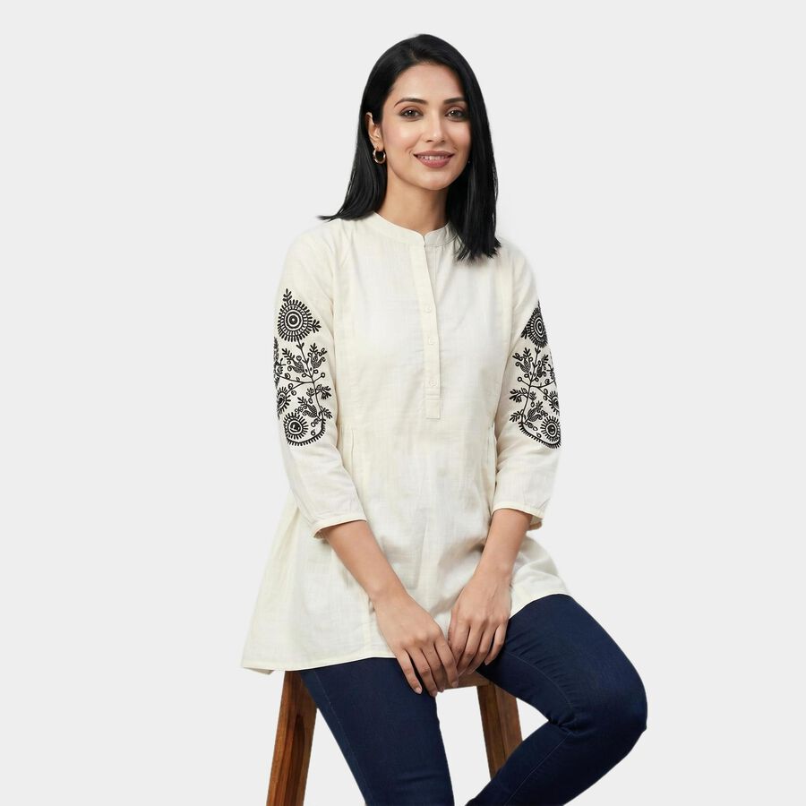 Women's White Round Neck Solid Kurti, सफ़ेद, large