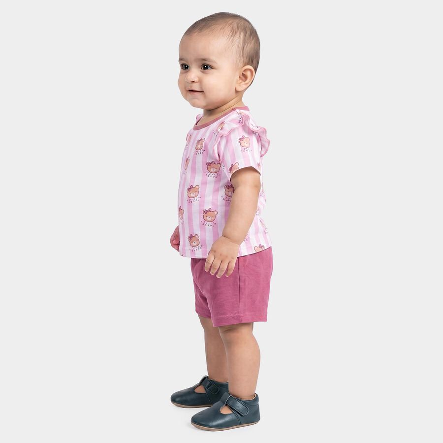 Infants Pink Cotton Round Neck Short Set Upper and Bottom Set, Light Pink, large