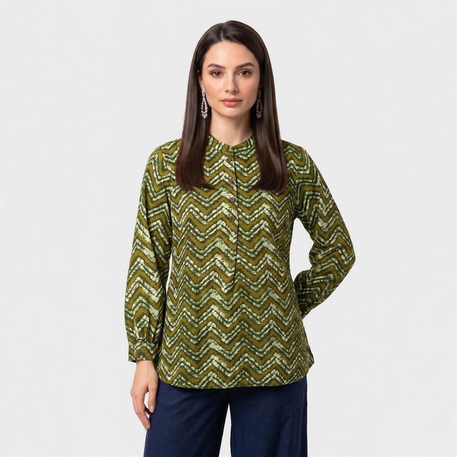 Women's Olive Green Mandarin Collar Geometric Kurti, ओलिव, large