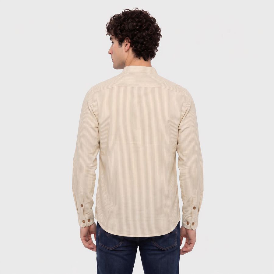 Men's Beige Mandarin Collar Striped Straight Kurta, Beige, large