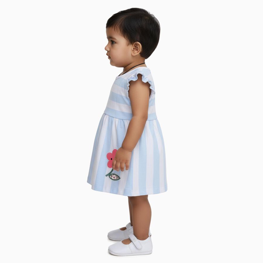 Infants' Light Blue and White Striped Cotton Flutter Sleeve Frock, Aqua, large