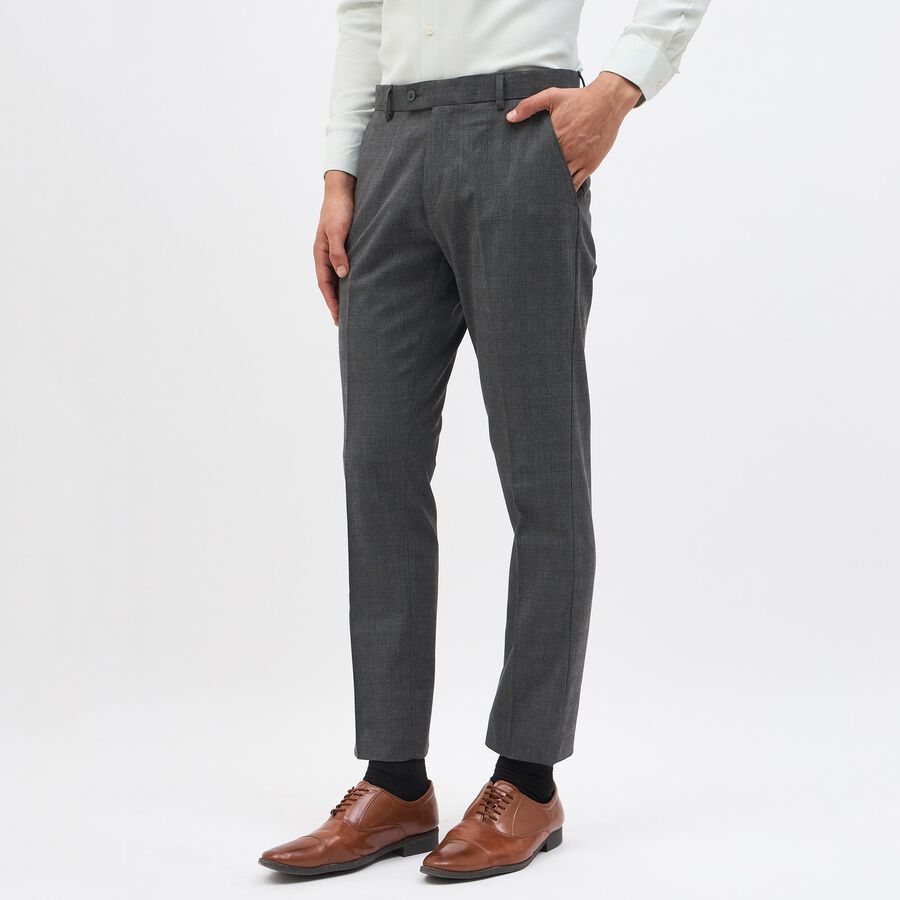 Men's Charcoal Grey Slim Fit Checkered Formal Trousers, Dark Grey, large image number null