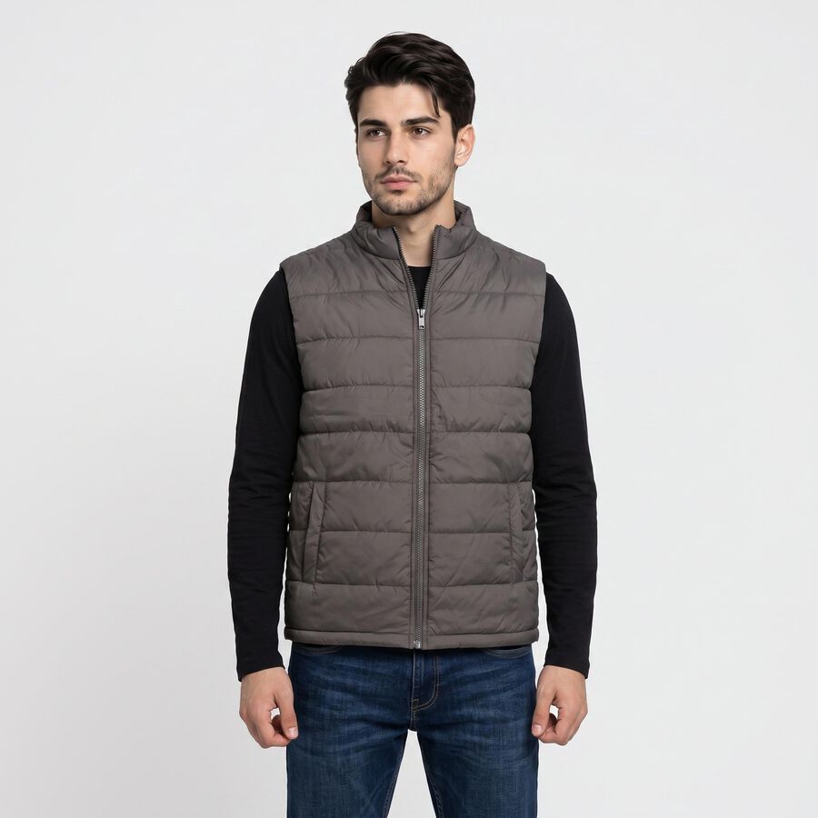 Men's Dark Grey Stand Collar Puffer Jacket, Dark Grey, large