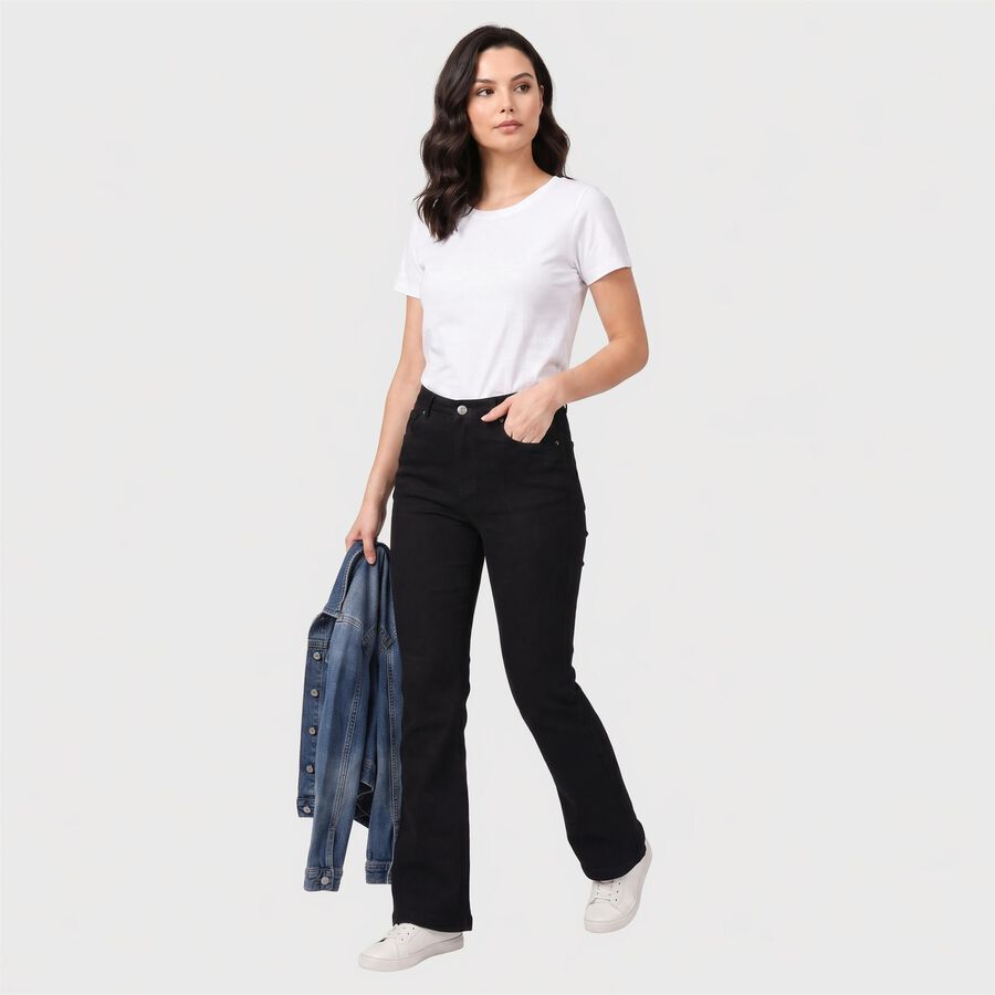 Women's Black Straight Fit Solid Jeans, काला, large