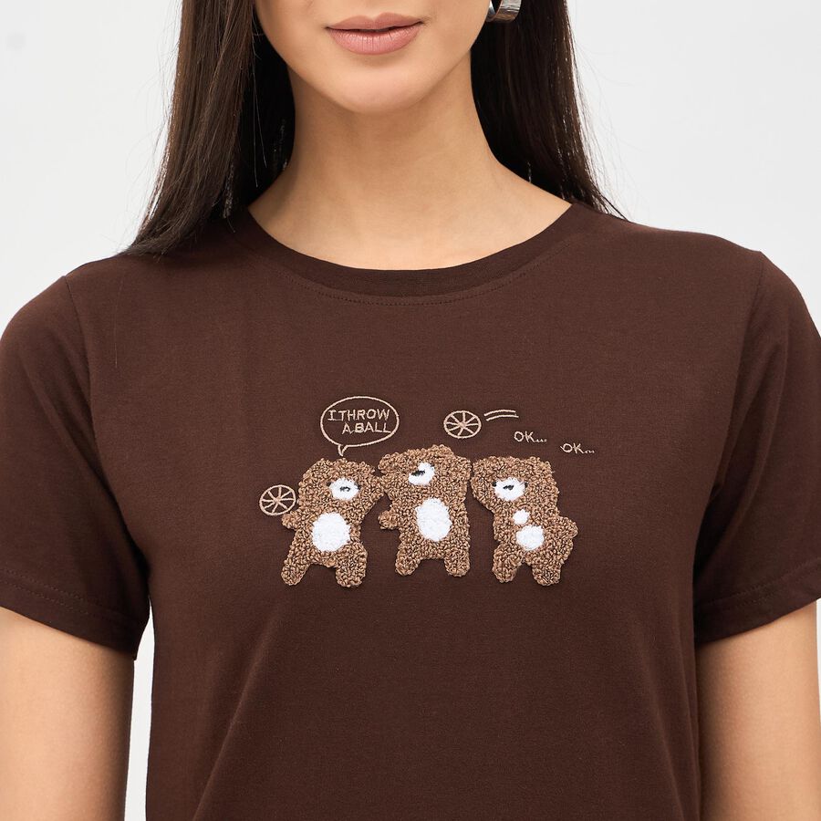 Women's Rich Chocolate Brown Cotton Round Neck T-Shirt, Brown, large image number null