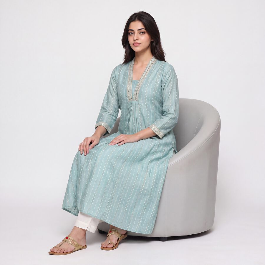 Women's Aqua V-Neck Printed Kurta, एक्वा, large