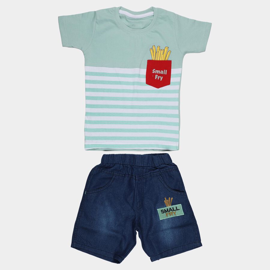 Boys' Light Green Cotton Round Neck Striped Baba Suit, Light Green, large