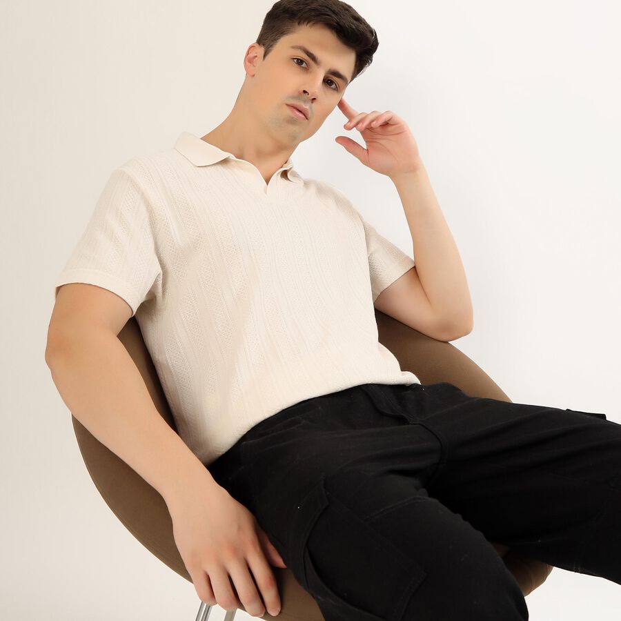 Men's Off-White Polo Neck Casual T-Shirt, Off White, large