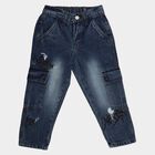 Boys' Dark Blue Regular Fit Graffiti Printed Cargo Jeans, मध्यम नीला, small