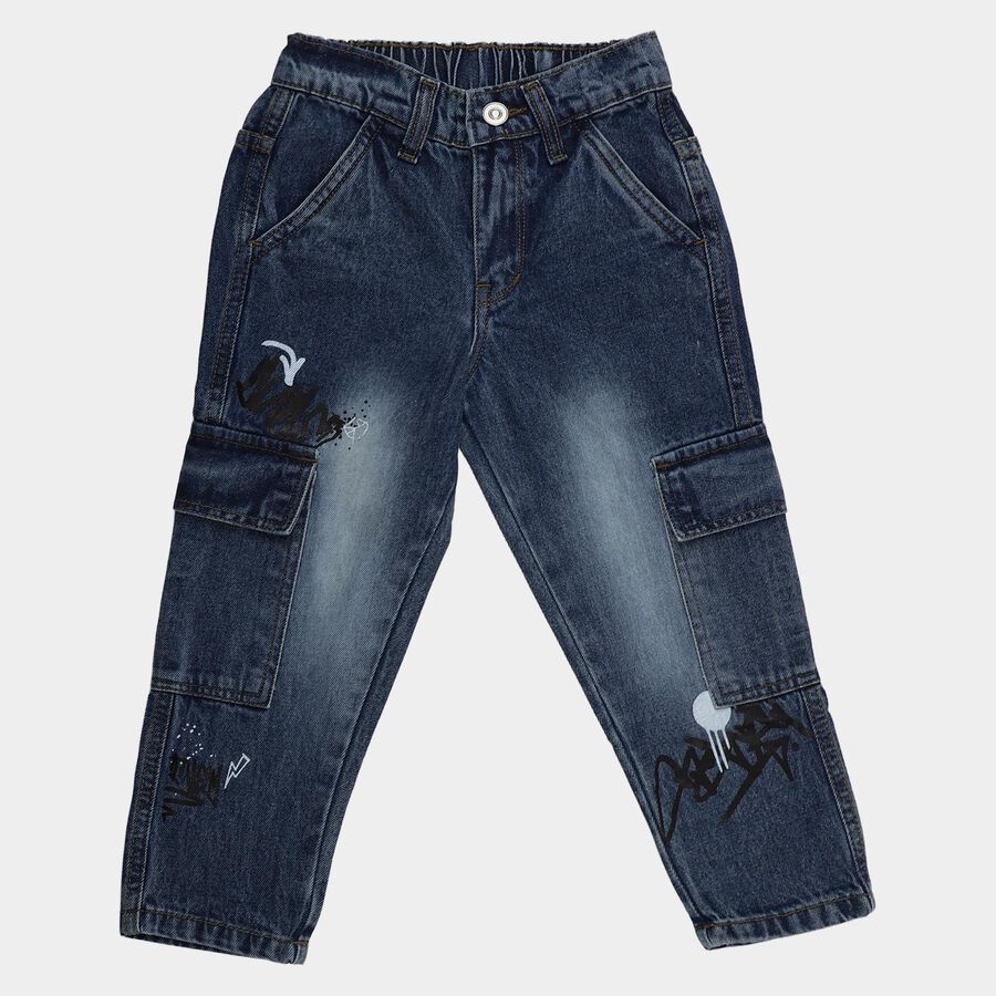 Boys' Dark Blue Regular Fit Graffiti Printed Cargo Jeans, मध्यम नीला, large