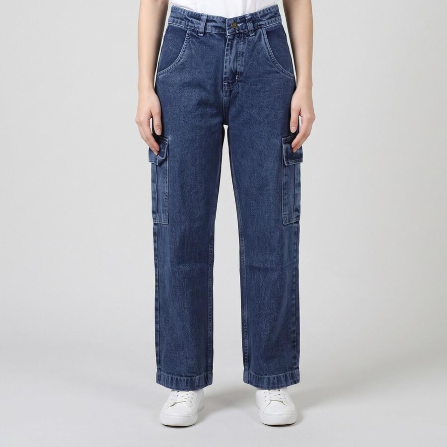 Women's Blue Relaxed Fit Cargo Jeans, Mid Blue, large