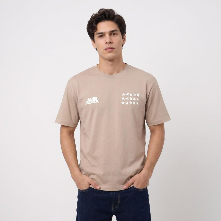 Men's Beige Round Neck Graphic Print Regular T-Shirt, Beige, large