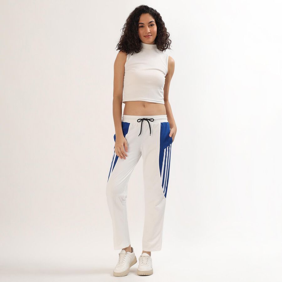 Women's Bright White and Royal Blue Straight Fit Striped Track Pants, सफ़ेद, large image number null