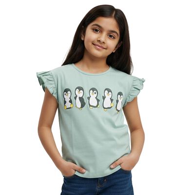 Girls Light Sage Green Cotton Round Neck Casual T-Shirt