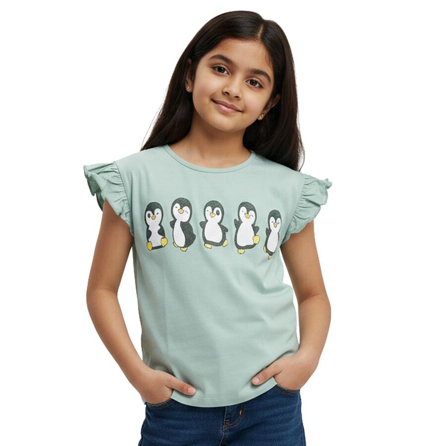 Girls Light Sage Green Cotton Round Neck Casual T-Shirt, हल्का ग्रे, large