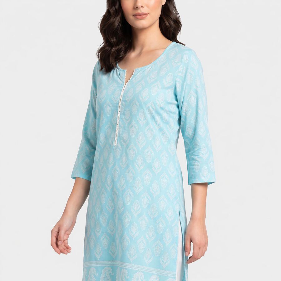 Women's Light Blue Round Neck Printed Straight Kurta, हल्का नीला, large
