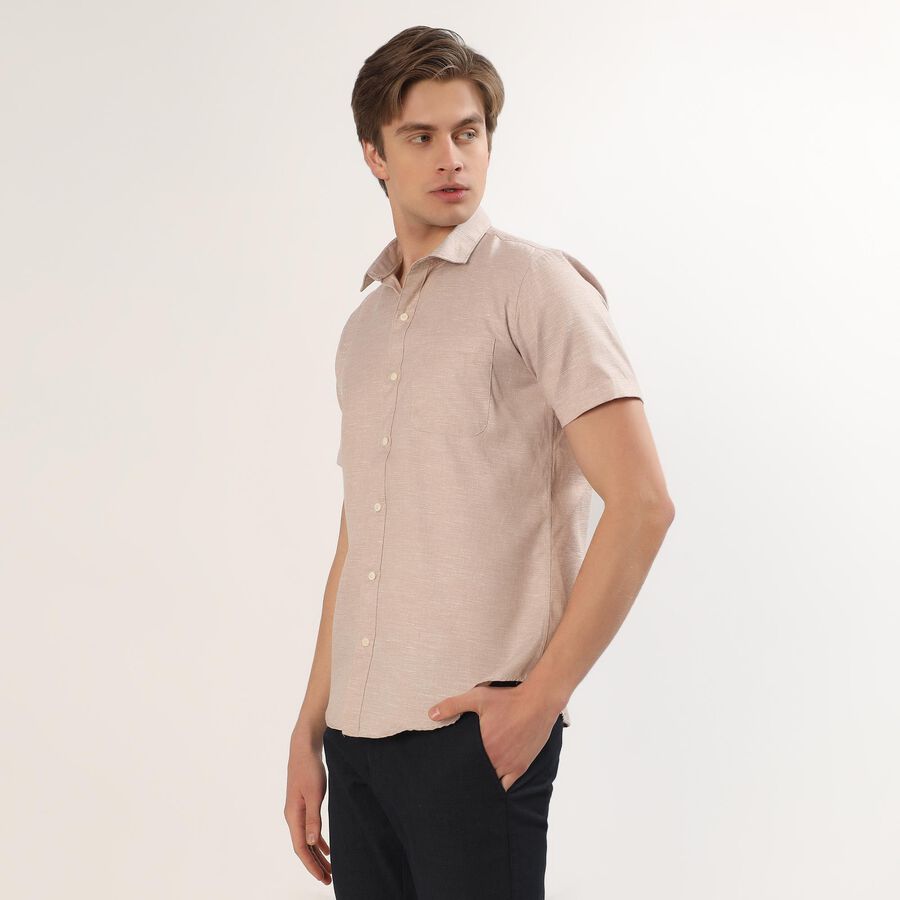 Men's Light Beige Half Sleeve Spread Collar Casual Shirt, Brown, large image number null