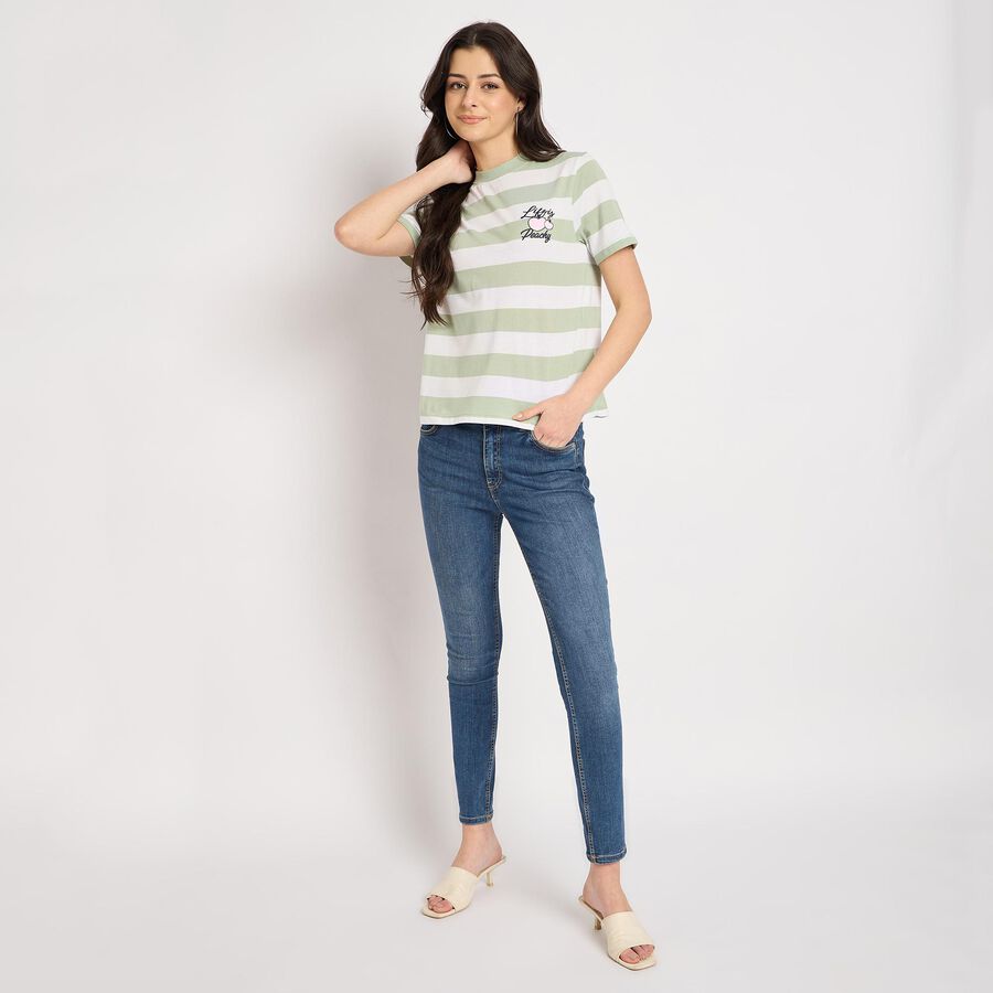 Ladies'  Stripes Round Neck T-Shirt, Light Green, large image number null