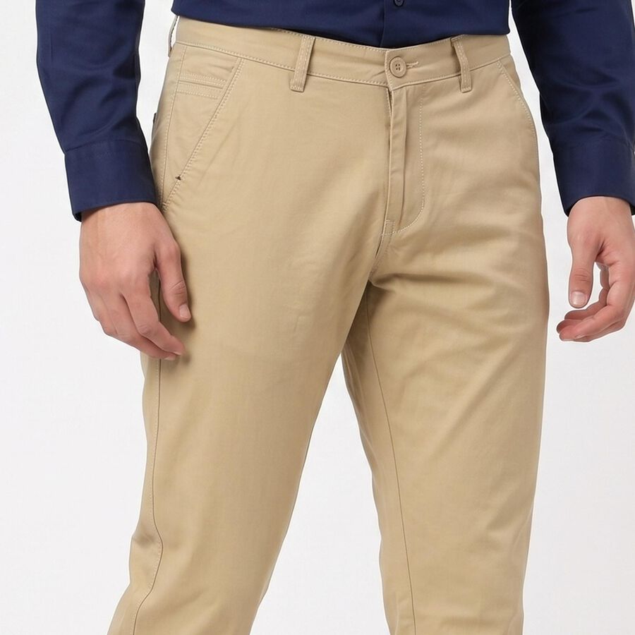 Men's Beige Slim Fit Flat-Front Chino Trousers, गहरा पीला, large