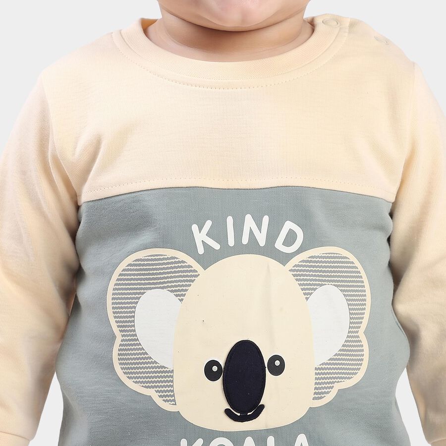 Infants' Beige Cotton Round Neck Koala Graphic Baba Suit, Beige, large