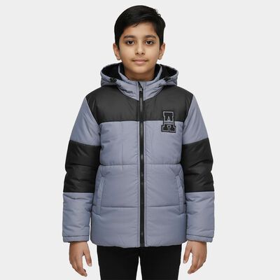 Boys Grey and Black Hooded Casual Jacket