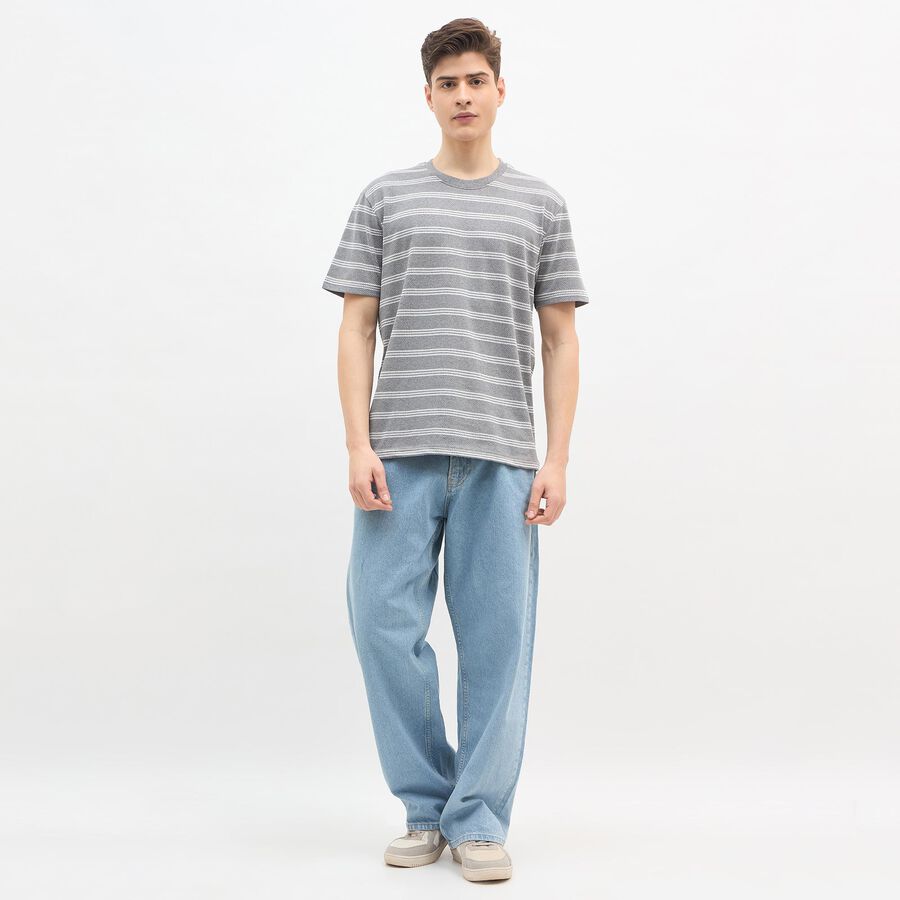 Men's Muted Green Round Neck Casual T-Shirt, Melange Light Grey, large