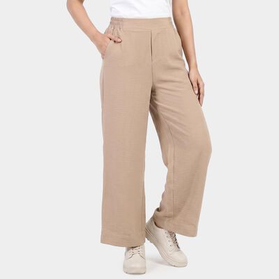 Women's Beige Wide-Leg Elastic Waist Trousers
