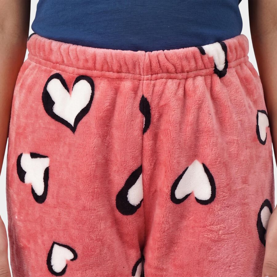Girls' Pink Regular Fit Heart Print Winter Pyjama, Pink, large