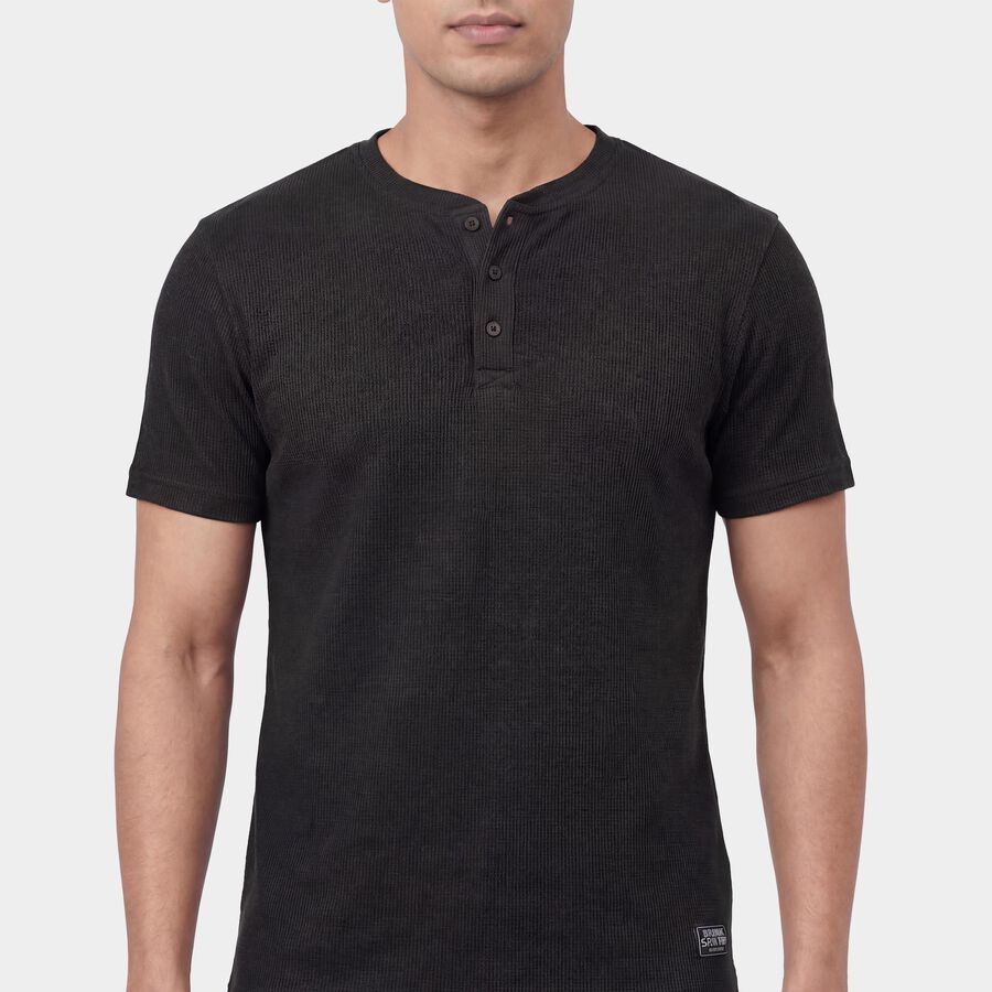 Men's Dark Grey Henley Neck Casual Henley Half Sleeves T-Shirt, Dark Grey, large