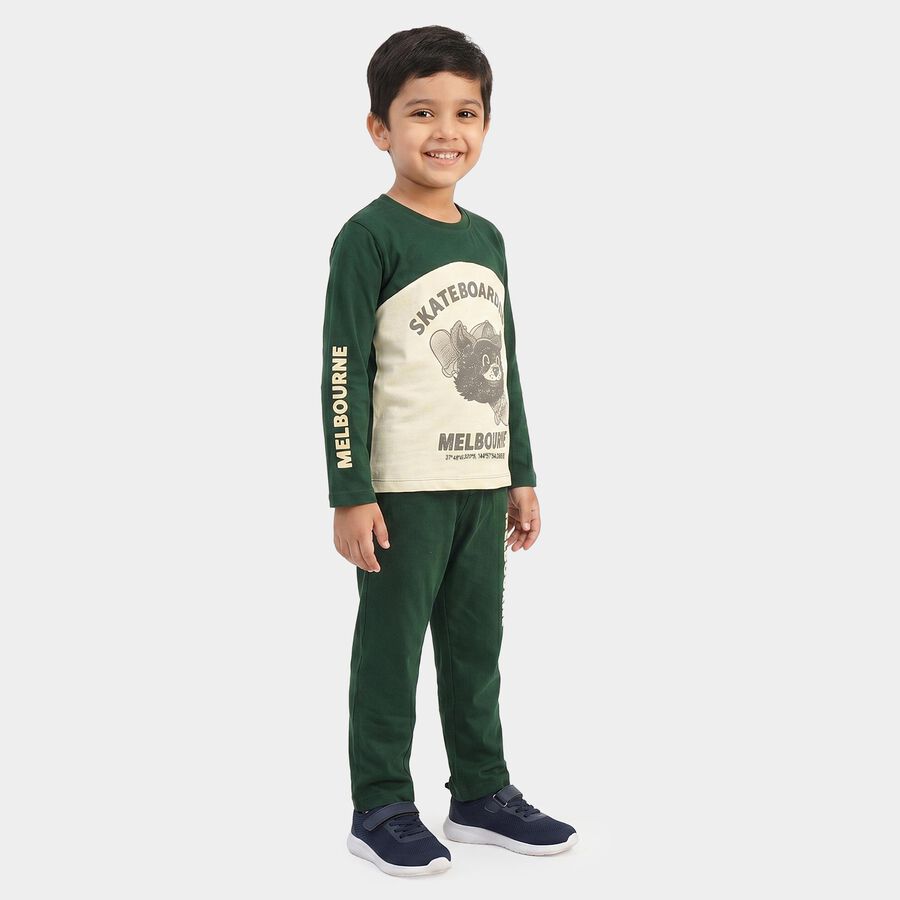 Boys' Green 100% Cotton Round Neck Graphic Print Baba Suit, गहरा हरा, large