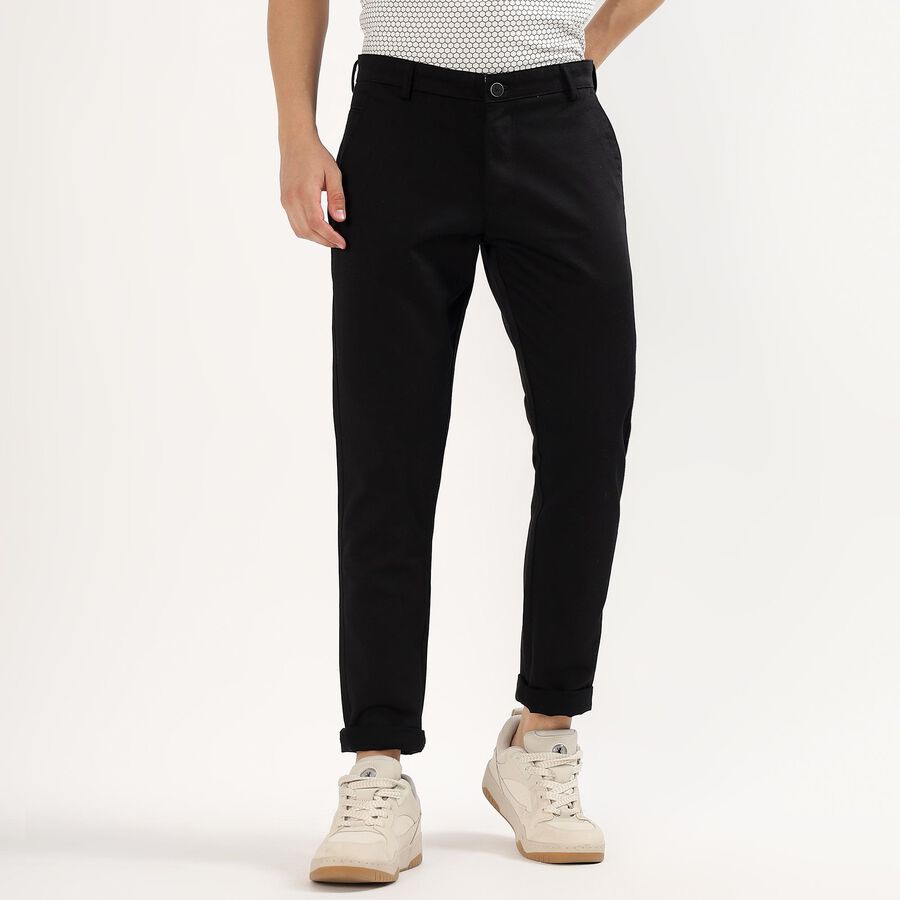 Men's Jet Black Slim Fit Flat-Front Casual Trousers, काला, large
