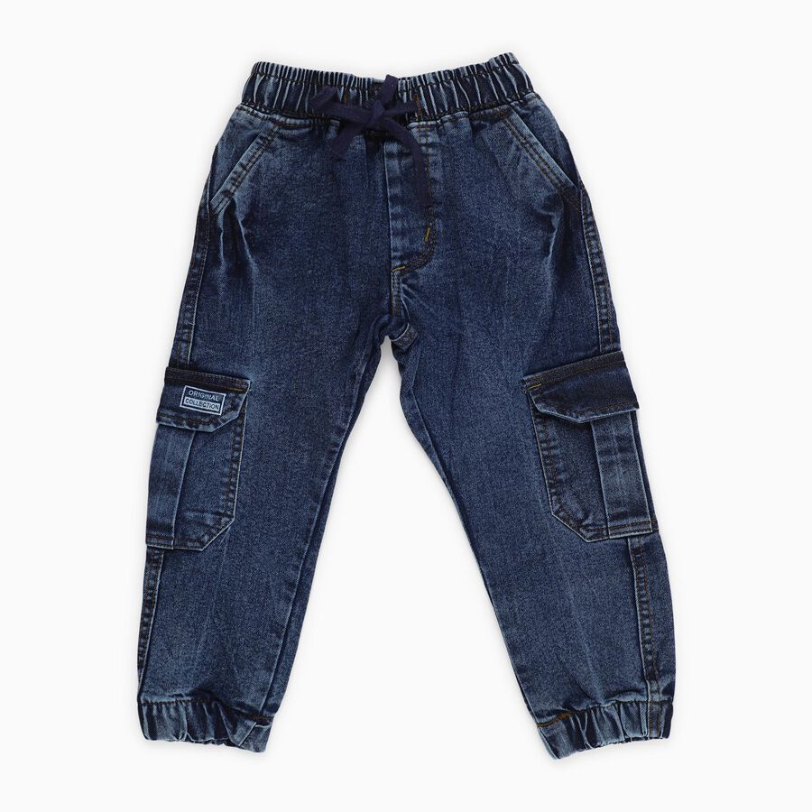 Boys' Dark Blue Cargo Fit Elastic Waist Jeans, मध्यम नीला, large image number null