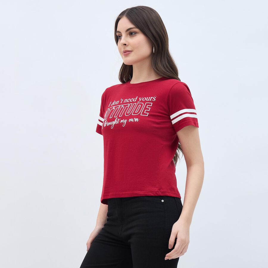 Women's Bright Cherry Red Cotton Round Neck Casual T-Shirt, Red, large