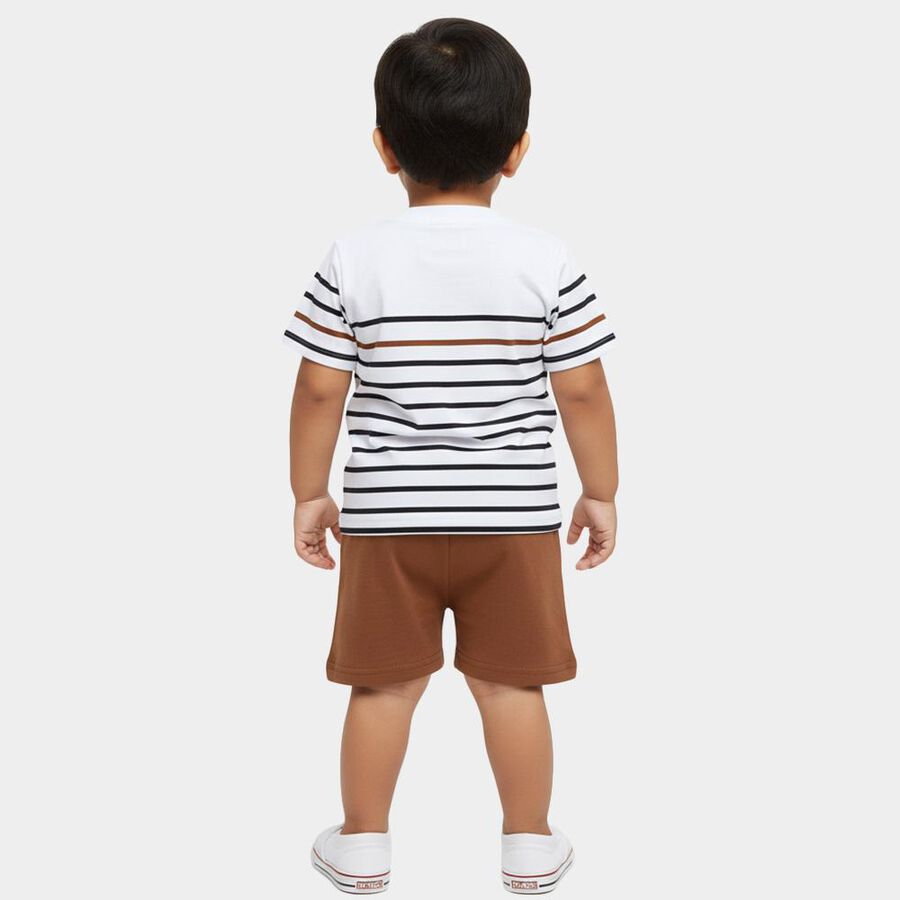 Infants' White Cotton Round Neck Striped Baba Suit, Beige, large