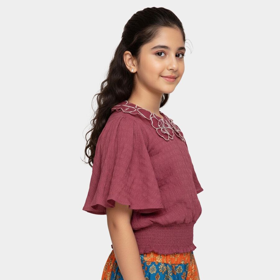 Girls Purple Round Neck Casual T-Shirt, Purple, large