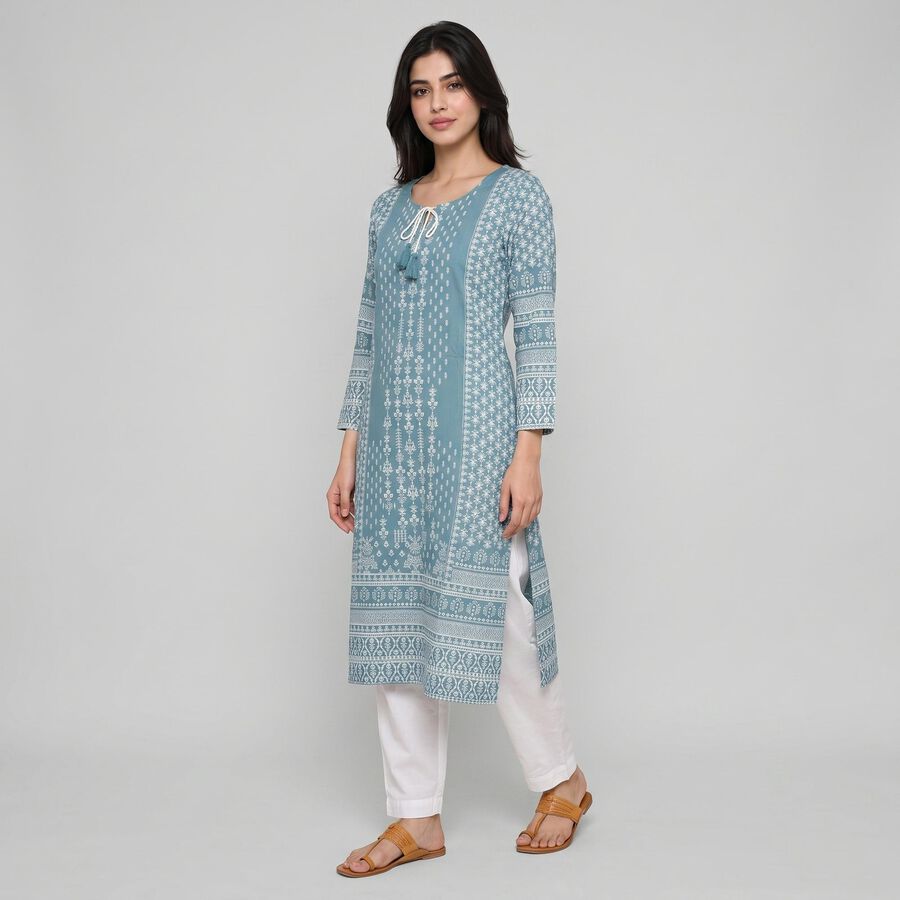 Women's Blue Round Neck Tie-Up Printed Kurta, मध्यम नीला, large