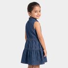 Girls' Navy Blue Tiered Belted Shirt Style Frock, गहरा नीला, small