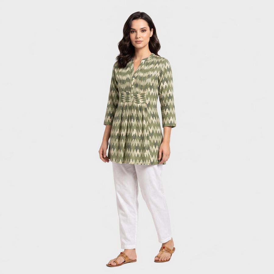Women's Olive Green V-Neck Printed Kurti, Olive, large