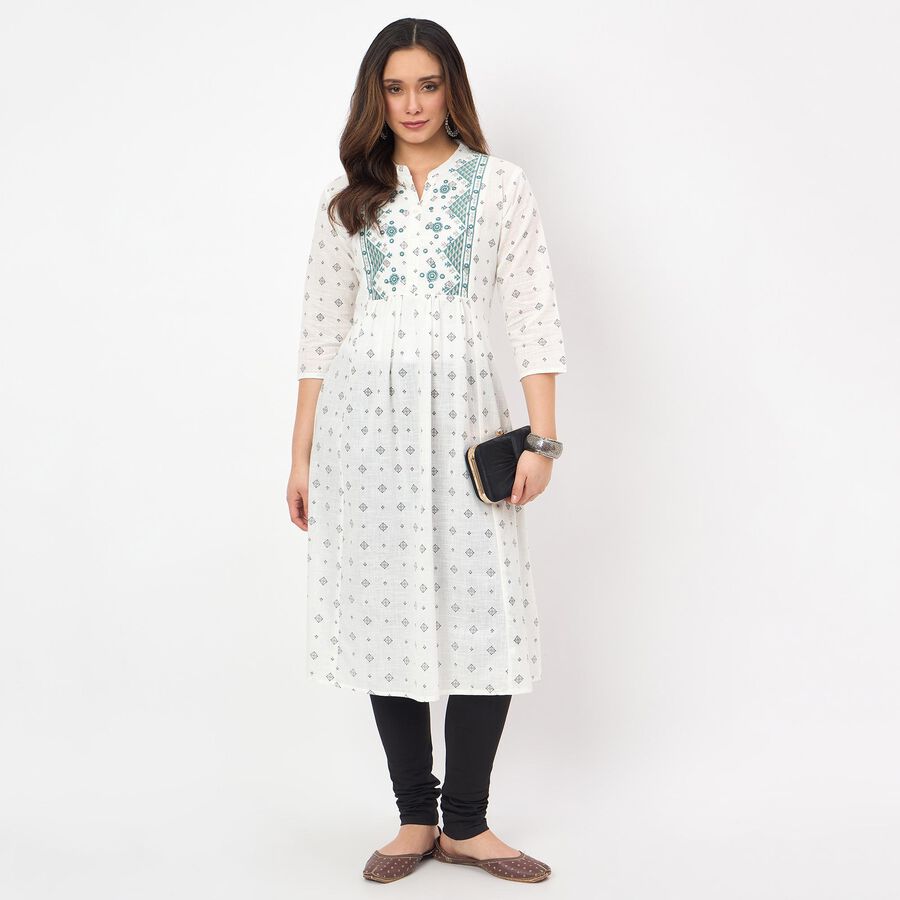 Women's White 100% Cotton Notch Neck Floral Printed Kurta, ऑफ व्हाइट, large