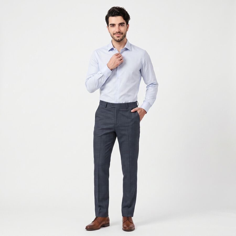Men's Navy Blue Slim Fit Checked Formal Trousers, नेवी ब्लू, large