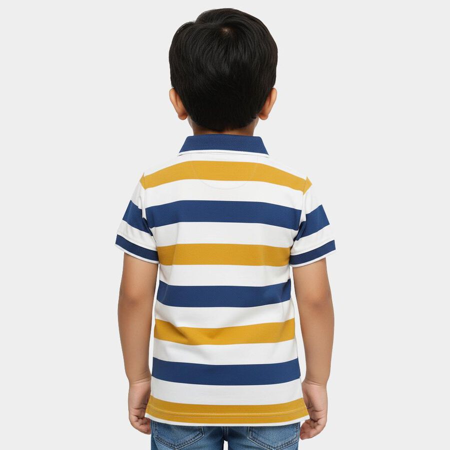 Boys' Mustard Yellow and Navy Blue Polo Neck Striped T-Shirt, पीला, large