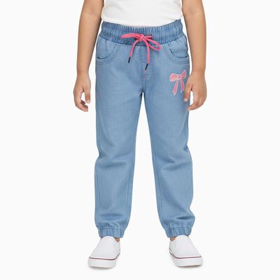 Girls' Light Blue Elastic Waist Bow Detail Jeans