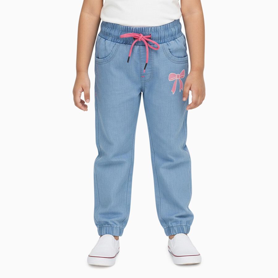 Girls' Light Blue Elastic Waist Bow Detail Jeans, Light Blue, large