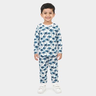 Boys White 100% Cotton Round Neck Palm Print Baba Suit