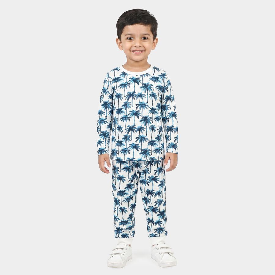 Boys White 100% Cotton Round Neck Palm Print Baba Suit, White, large