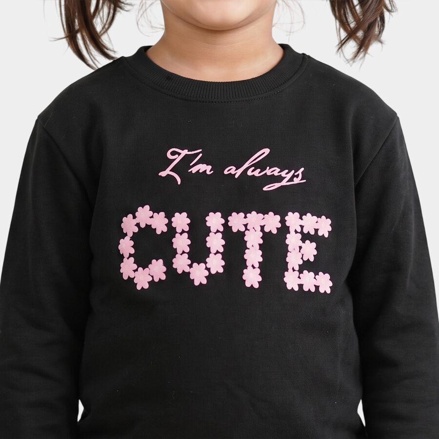 Girls Black Round Neck Graphic Pullover Sweatshirt, Black, large