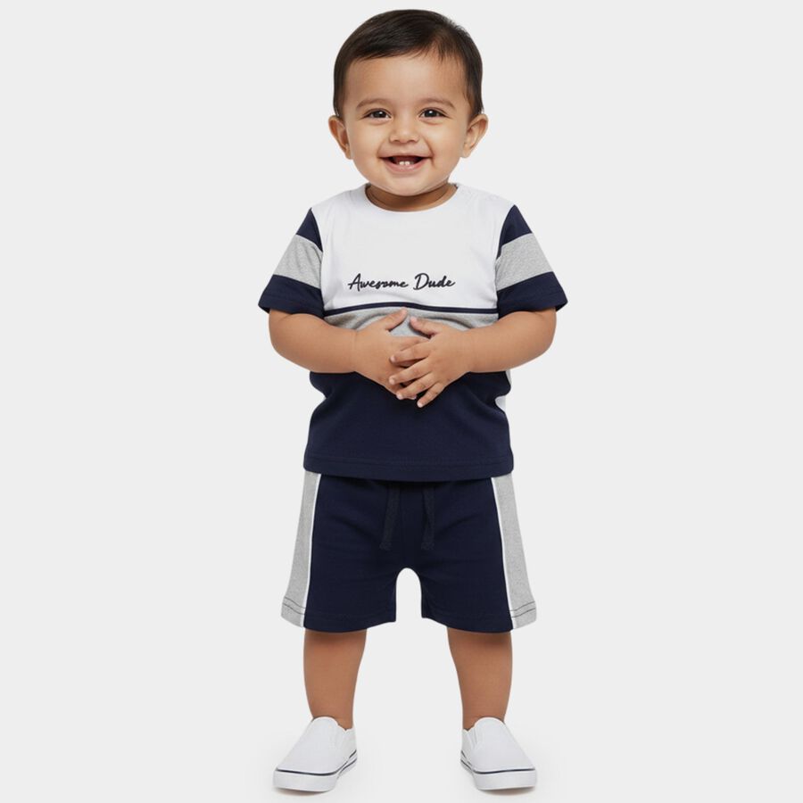 Infants' Navy Cotton Round Neck Colorblock Baba Suit, Navy Blue, large