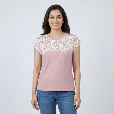 Women Lilac Round Neck Casual T-Shirt