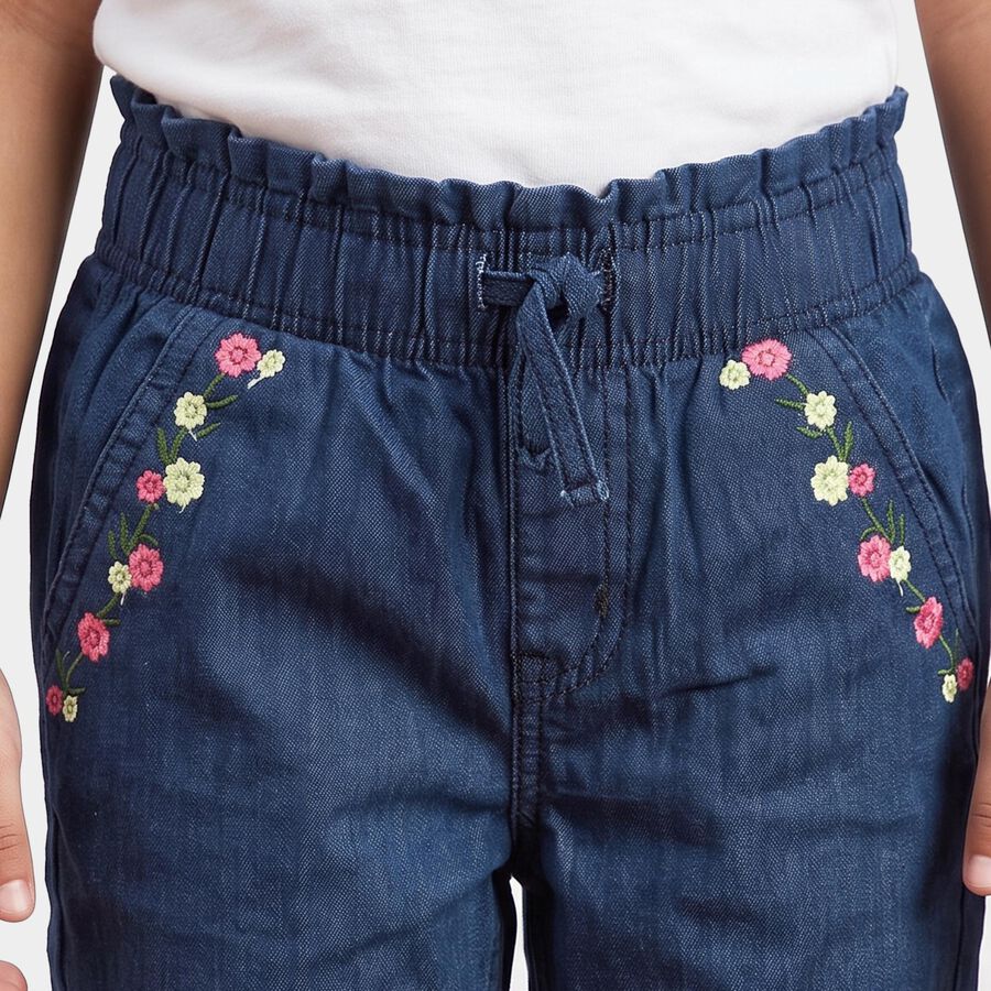 Girls Navy Blue Jogger Fit Embroidered Jeans, Dark Blue, large