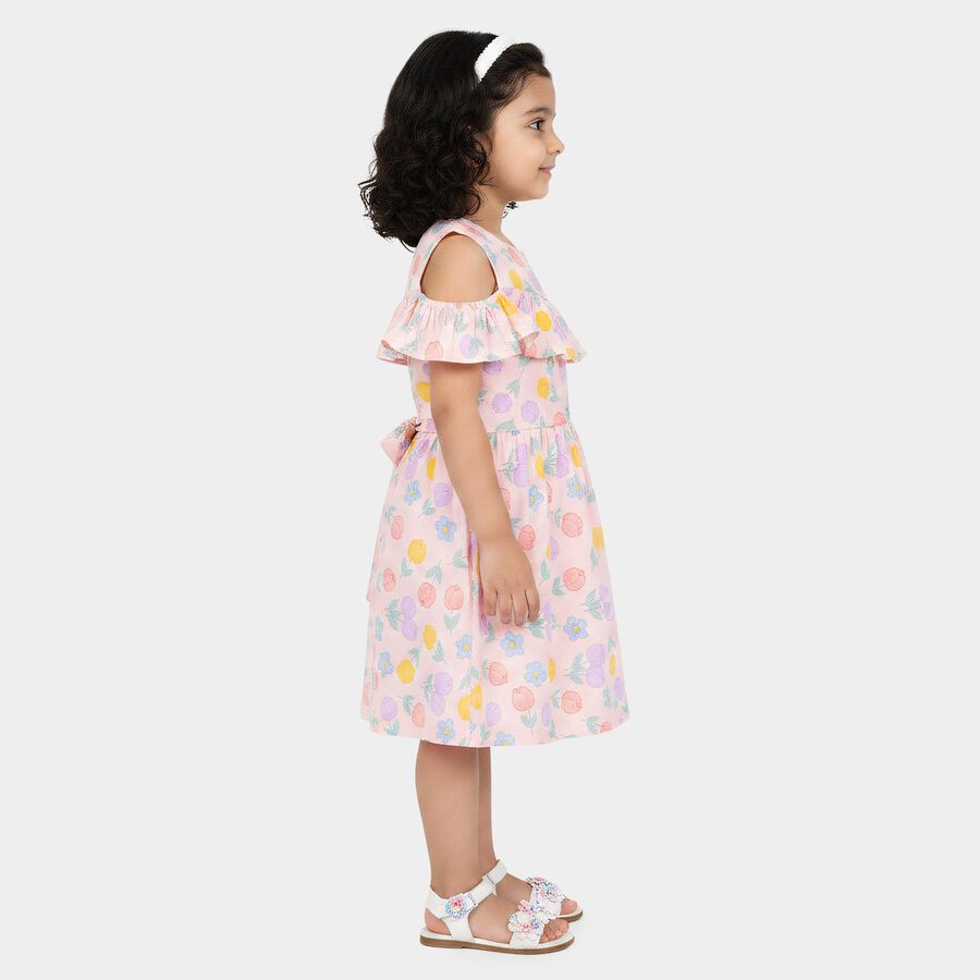 Girls' Pink Fit and Flare Floral Printed Cold Shoulder Frock, Light Pink, large